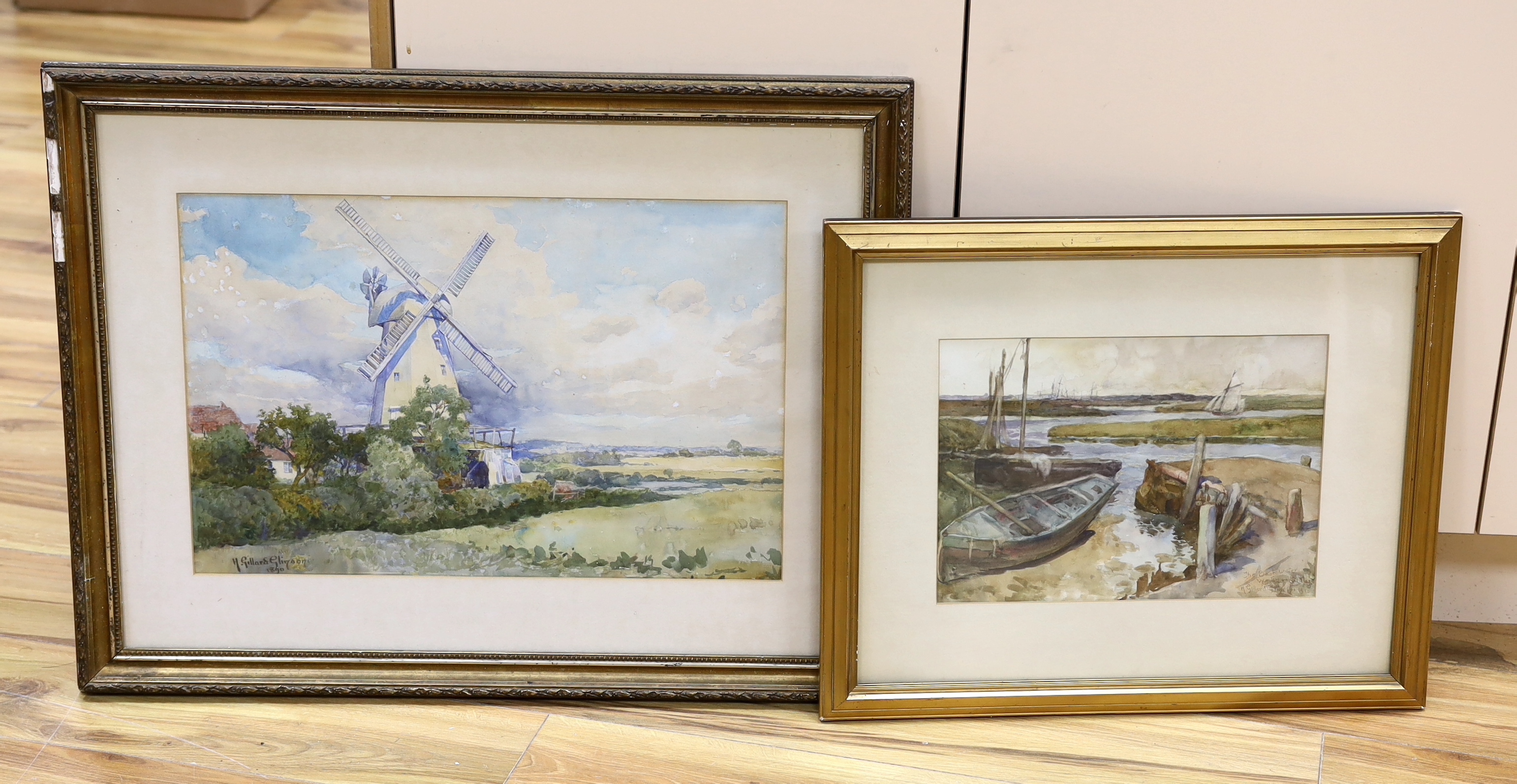 Henry Gillard Glindoni (1852-1913), two watercolours, Landscape with windmill and Coastal scene with moored fishing boats, each signed and dated, largest 35 x 56cm